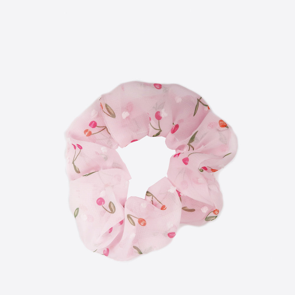 Sistie Scrunchie in pink with small sweet cherries